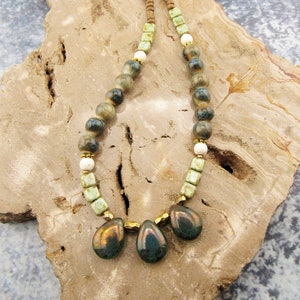 Czech Glass Teardrop Necklace: Green Ceramic Boho Necklace