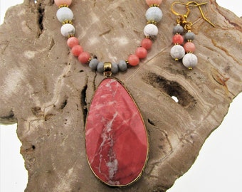 Jasper Pendant Necklace Earring Set: Natural Stone Boho Jewelry