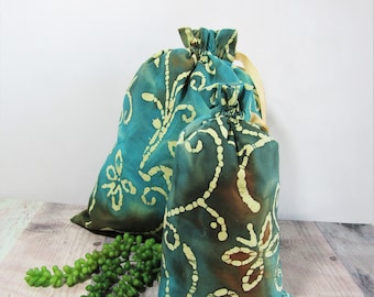 Batik Print Fabric Gift Bags: Reusable Cotton Drawstring Bag