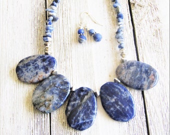 Natural STONE Statement Necklace, SODALITE Necklace & Earrings, Trend 2020, Adjustable length