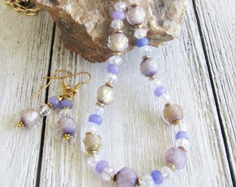 CLEARANCE AGATE Necklace, Czech Glass Necklace Earring SET, Adjustable Length Necklace