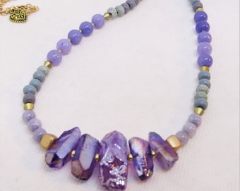 NATURAL STONE NECKLACE, Quartz Focal, Agate, Jasper, Long, Adjustable length, can be Layered
