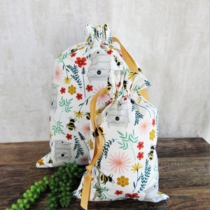 Eco-Friendly Cotton Gift Bags: Bee & Floral Print Drawstring Bag