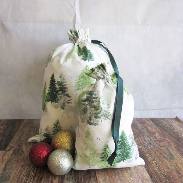 ECO-FRIENDLY Gift Bags, HOLIDAY Gift Bags, Woodland Print Fabric Gift Bags, Flannel Drawstring Gift Bags