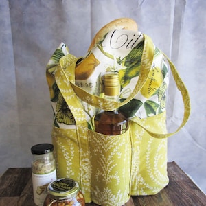 CITRUS PRINT Market Bag with POCKETS, Eco-Friendly Fabric Tote, Re-useable Cloth Grocery/Book/Shopping Bag