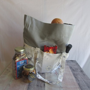 VINTAGE PRINT Markttasche mit TASCHEN, Stoff-Einkaufstasche, Baumwoll-Ententasche, Grau / Weiß / Gelber Einkaufsknebel, umweltfreundliche Tasche