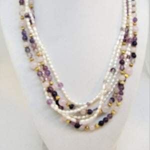 GEMSTONE CHOKER, Rice pearls, Rose Quartz, Fluorite, 6 strands