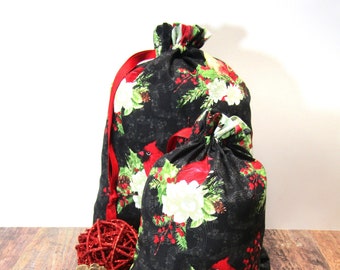ECO-FRIENDLY Gift Bags, HOLIDAY Gift Bags, Bird Floral Print Fabric Gift Bags, Soft Cotton Drawstring Gift Bags