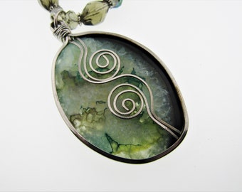 Agate Pendant Necklace: Green Aventurine, Silver Wire Wrapped Stone