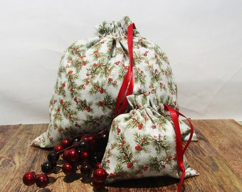ECO-Friendly Gift Bags, Winter Holiday Print Gift Bags, Pine Bough & Berry Print Christmas Gift Bags, Free Gift Tag
