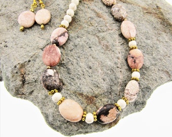 NATURAL STONE Necklace and Earring Set, Picture Jasper, Magnesite, BOHO Jewelry