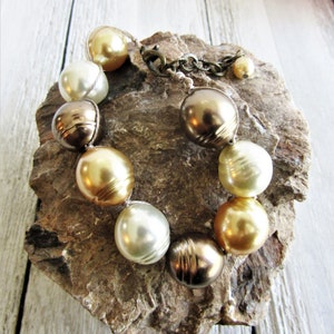 Cultured Pearl Bracelet: Cream, Gold & Bronze Pearls on Flax Cord