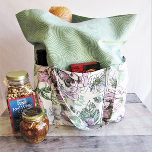 Bolsa de tela ecológica con estampado de peonías y BOLSILLOS, bolsa reutilizable para comestibles, libros o compras
