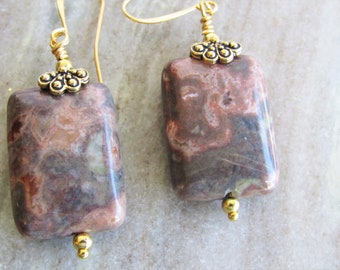 OCEAN JASPER Earrings, Natural Stone & Gold Plate Earrings