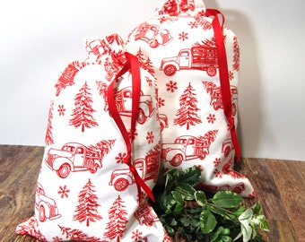 ECO-FRIENDLY Gift Bags, HOLIDAY Gift Bags, 50s Red Truck Print Fabric Gift Bags, Soft Cotton Drawstring Gift Bags