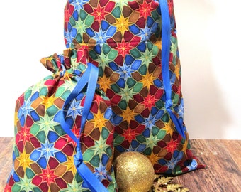 ECO-FRIENDLY Gift Bags, Holiday Gift Bags, GEOMETRIC Print Fabric Gift Bags, Soft Cotton Drawstring Gift Bags