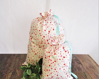 Eco-Friendly Gift Bags, HEART PRINT Fabric Gift Bags, Valentine Print Cloth Gift Bags, Drawstring Gift Bags. UpCycled Fabric Gift Bags