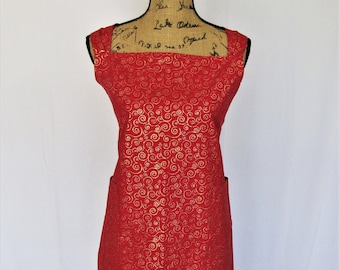 Red & Gold Glitter Swirl Christmas Apron, Holiday Chef Apron with Pockets