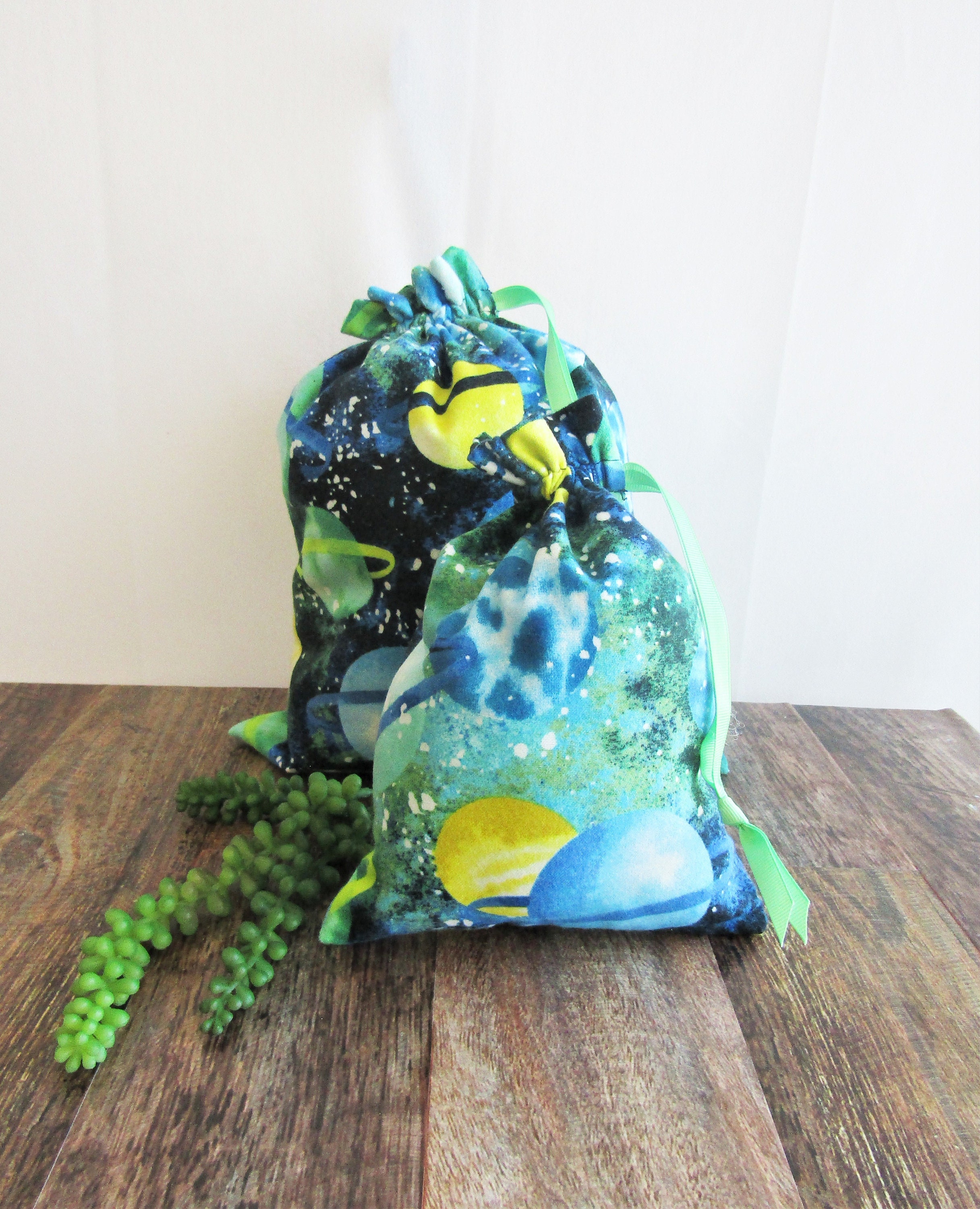 Planet Print Fabric Gift Bag: Reusable Cotton Drawstring Bag