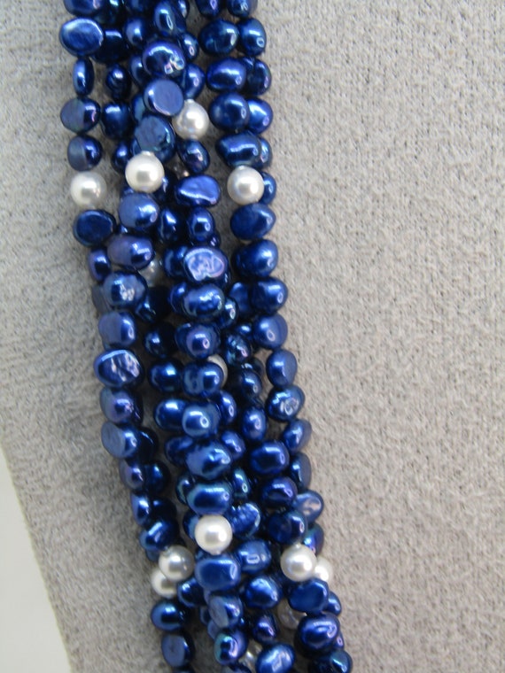 Freshwater PEARL Necklace, Royal BLUE and White Pearl… Gem