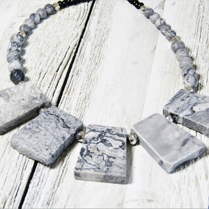 Black Picasso Jasper Statement Necklace: Fan Stone, Silver Accents