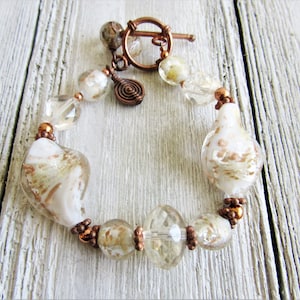 Lampwork Glass Bracelet: White, Gold & Copper Artisan Jewelry