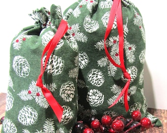 ECO-FRIENDLY Gift Bags, HOLIDAY Gift Bags, Pine Cone Bough and Berry Print Fabric Gift Bags, Soft Cotton Flannel Drawstring Gift Bags