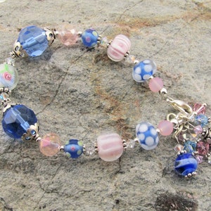 Vintage Lampwork Glass Bracelet: Pink & Blue Art Glass, Crystal Dangles
