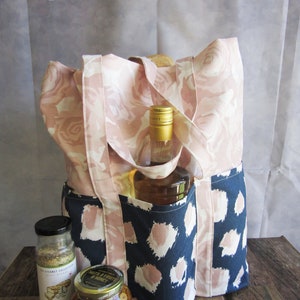 Bolsa de tela ecológica con estampado de rosas y BOLSILLOS, bolsa reutilizable para comestibles, libros o compras