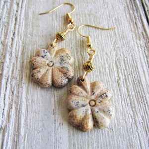 Hand-Carved Picture Jasper Flower Earrings: Gold Plated Brass