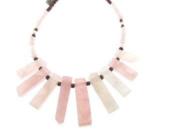 Vintage Rose Quartz Slab Necklace: Freshwater Pearl Accent
