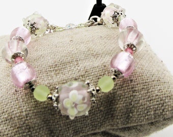 Vintage Lampwork Glass Bracelet Earring Set: Murano Pastel Jewelry