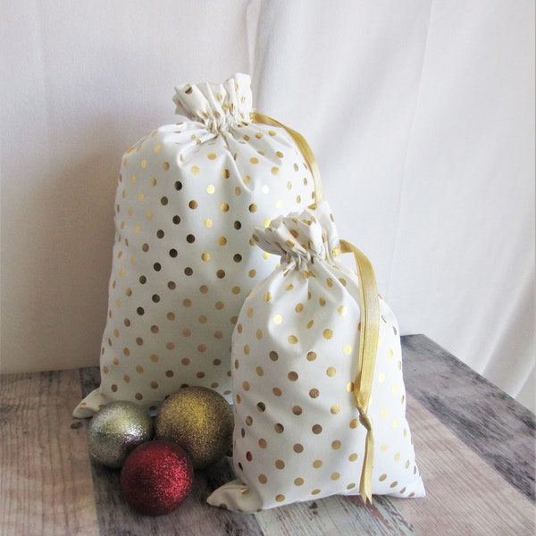 ECO-FRIENDLY Gift Bags, All Occasion Fabric Gift Bags, Cream/Gold Cloth Gift Bags , Drawstring Gift Bags