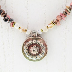 CERAMIC PENDANT Necklace, Rhodonite Necklace, Agate Necklace, BOHO Necklace, Choker Necklace, Adjustable Necklace