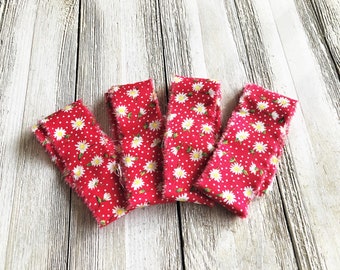 Vintage Hand Torn Fabric Ribbon: Red Daisy Print, Frayed Edge, 2.9 yds