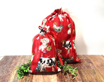 ECO-FRIENDLY Gift Bags, HOLIDAY Gift Bags, Holiday Barnyard  Print Fabric Gift Bags, Soft Cotton Drawstring Gift Bags