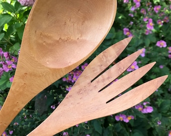 Large Salad Tossers | Birds Eye Maple Salad Servers | Hand Crafted Large Wooden Spoon and Fork Set