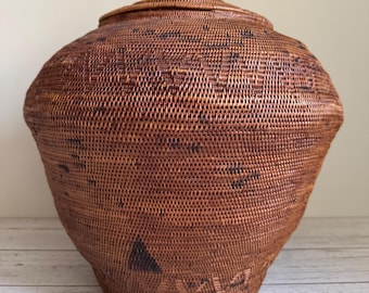 Vintage LARGE Woven Balinese Basket with Lid 15” High