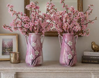 Antique Nippon Miniature Bud Vases Pair | Hand Painted Japanese Cherry Blossoms