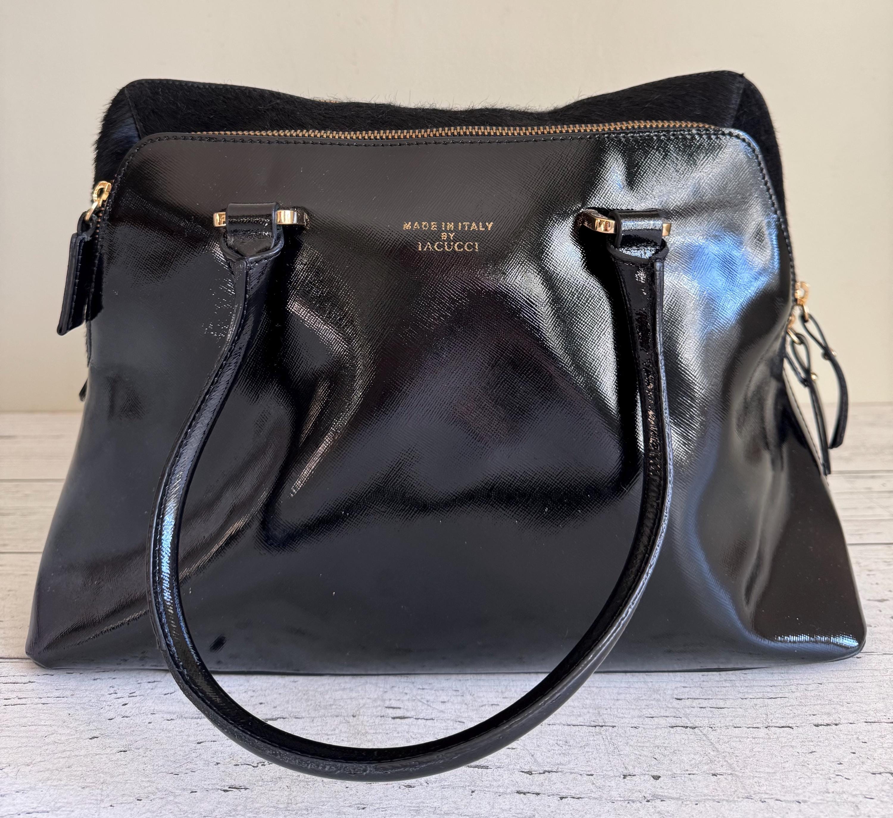 Iacucci Italy Black Patent Leather and Hide Large Handbag