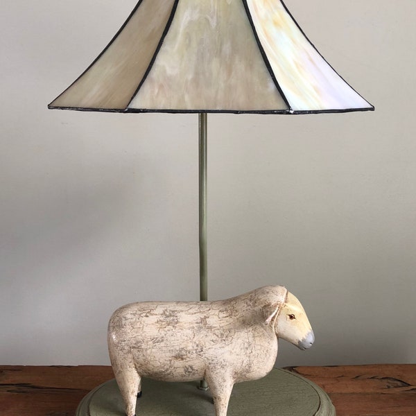 Vintage Folk Art Sheep Lamp with Stained Panel Glass Shade 25” Tall OOAK