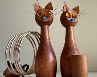 Vintage MCM Teak Cat Toothpicks Holder | Cat and Mouse Letter Rack