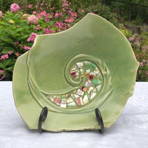 Vintage Art Pottery Large Bowl | Asymmetrical shops |Organic Form with Mosaics Inlay