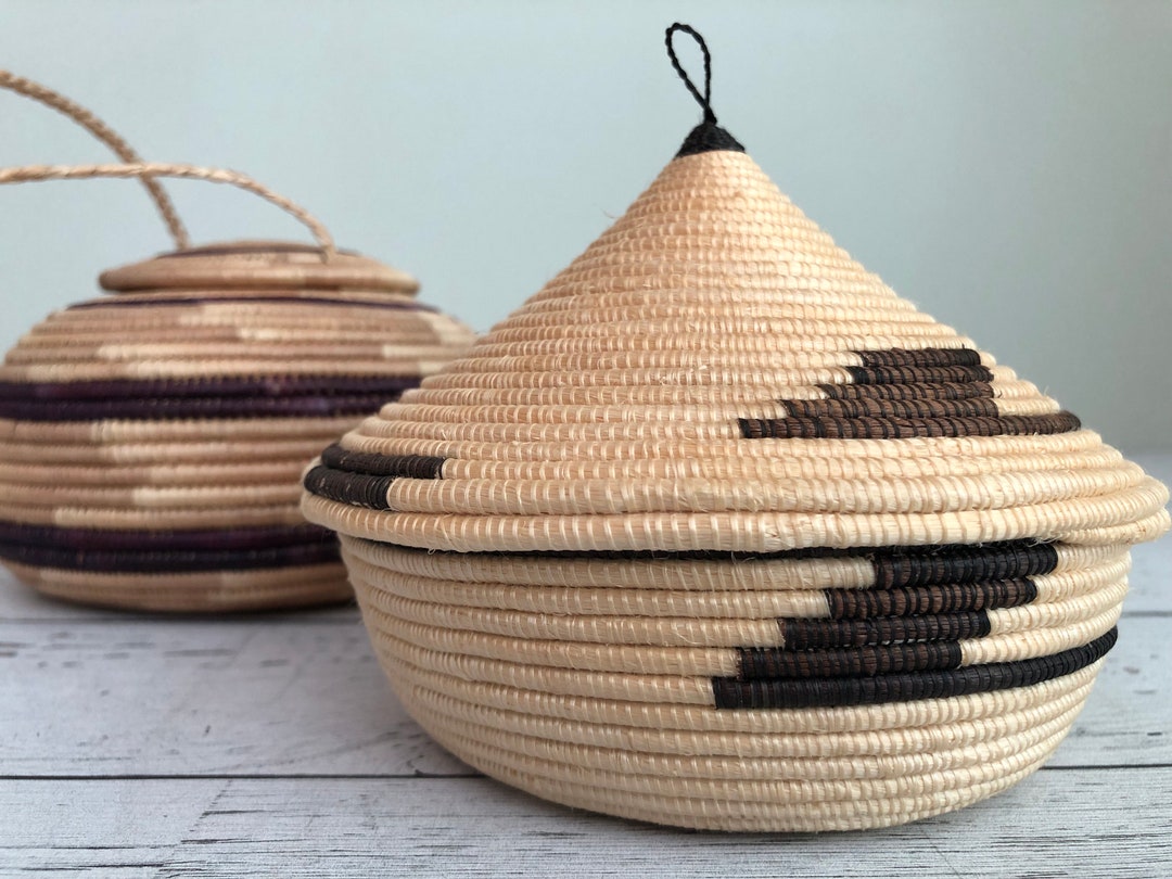 Vintage African Coil Basket Rwandan Hanging Basket With Sliding Lid and