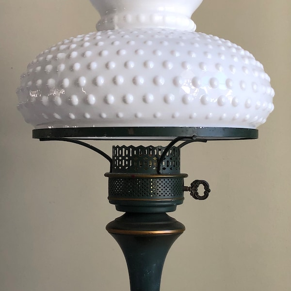 Vintage Tole Lamp with Milk Glass Shade | Tall Table Lamp | Choice of Hobnail or Hand Painted Floral Glass Shade