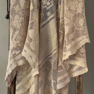Antique Crocheted Lace Tablecloth 62” Square Cream Crochet