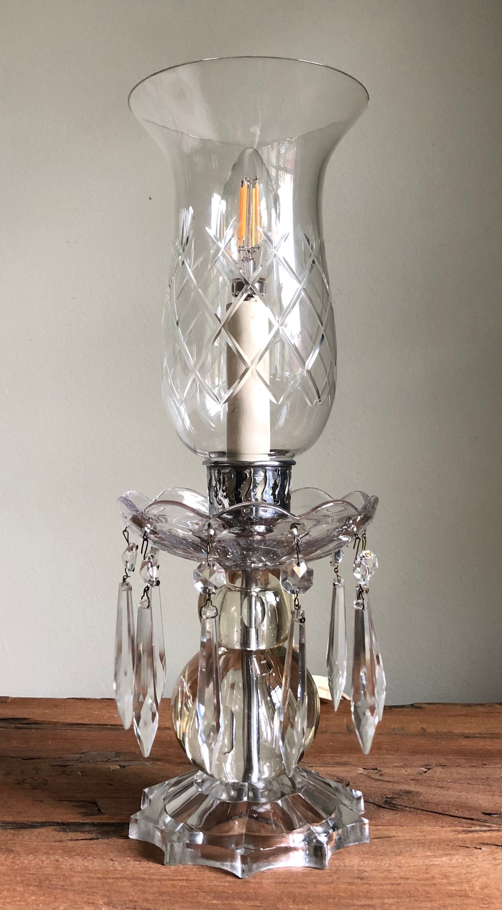 Vintage Crystal Luster Hurricane Glass Lamp With Dangling Prisms