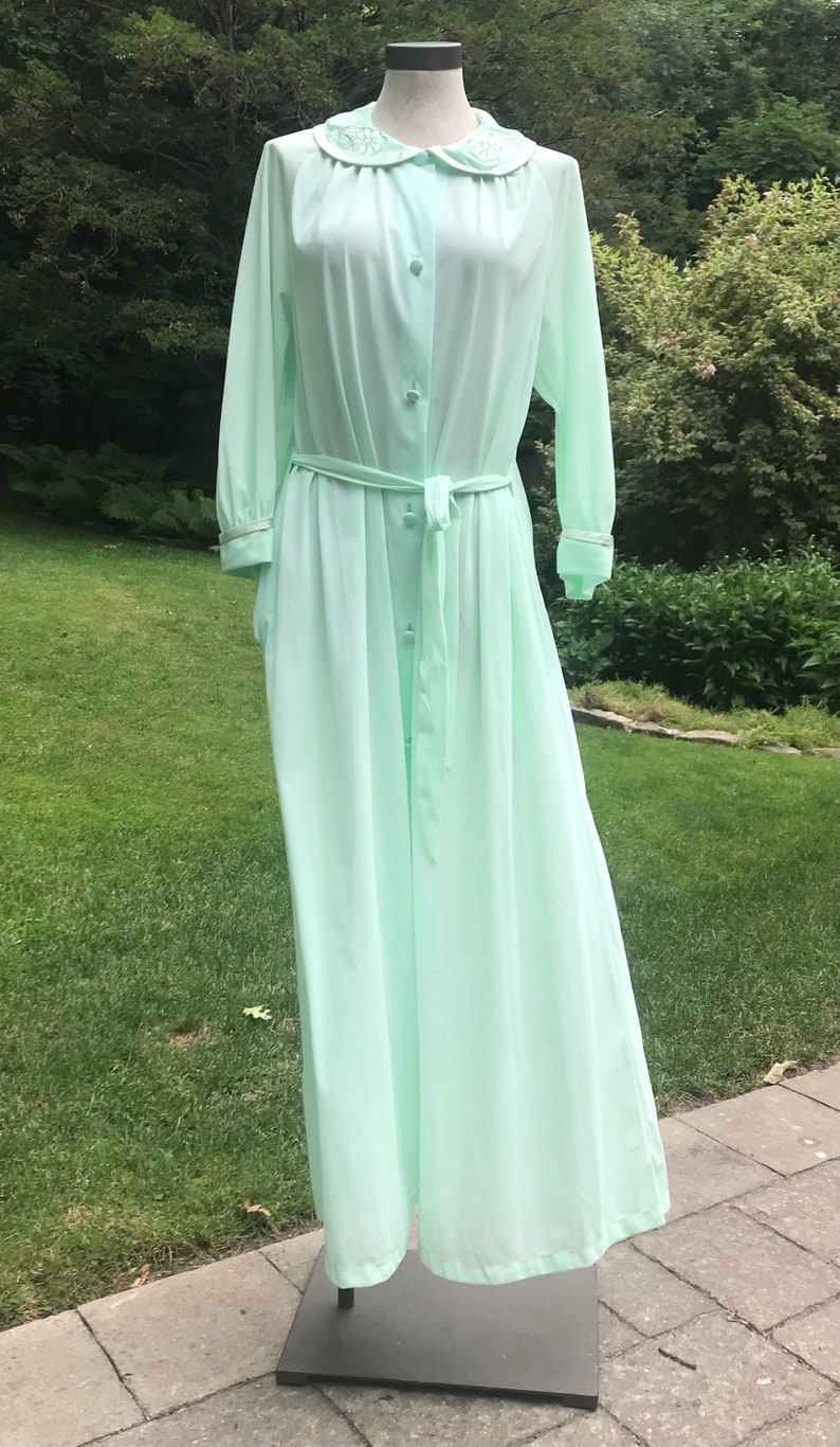 Vintage Maxi Robe Housecoat Mint Green Semi Sheer Size L/XL Daisy Fresh image 4