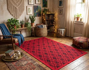 Vintage Scatter Rug 48” x 82” Woven Cotton Red and Black