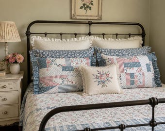 Vintage Cotton Ruffled Pillow Shams Standard Size Blue Pink White Patchwork